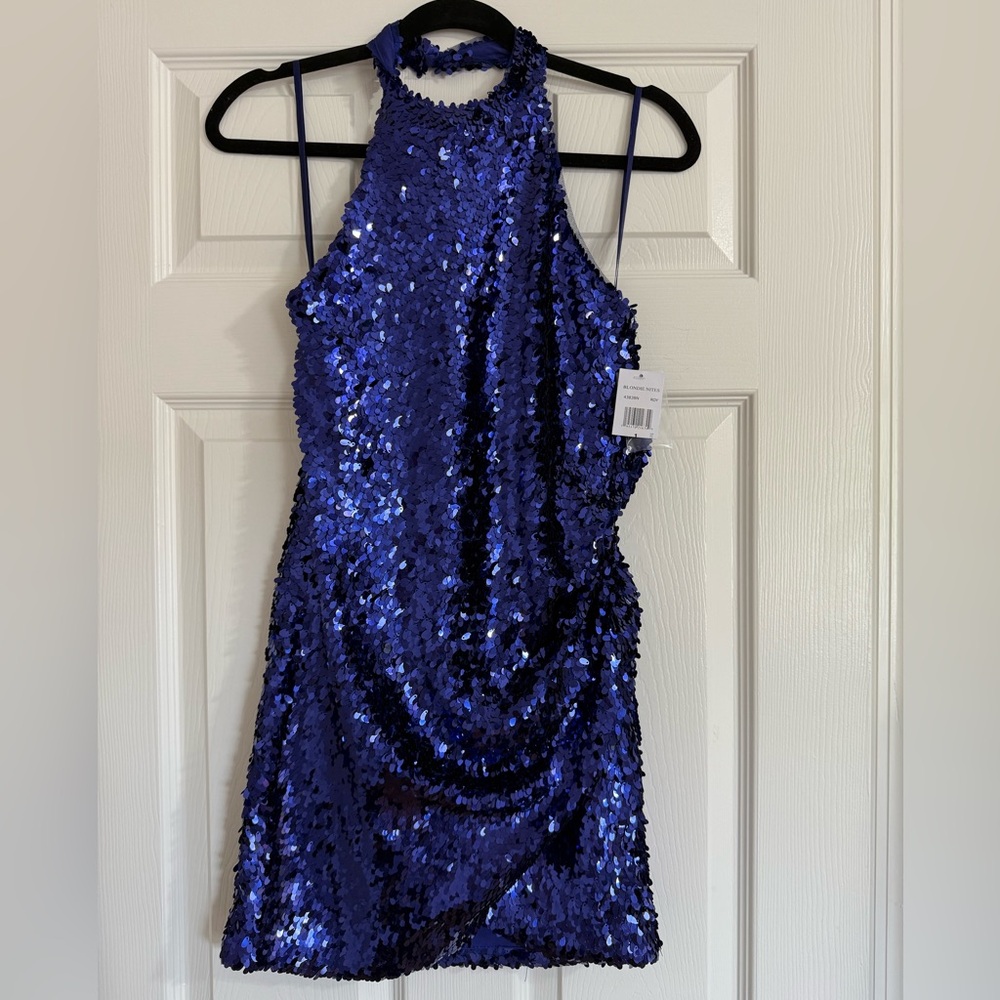 Blue full Sequin Halter mini dress NWT